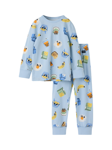 Polarn O. Pyret Kids' Long Sleeve Breakfast Print Pyjama Set, Blue, Blue
