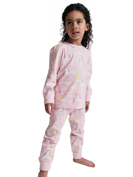 Polarn O. Pyret Kids' Long Sleeve Unicorn Print Pyjama Set, Pink, Pink