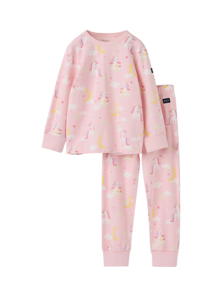 Polarn O. Pyret Kids' Long Sleeve Unicorn Print Pyjama Set, Pink - view 2, Pink