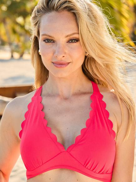 Sosandar Halterneck Scalloped Bikini Top, Bright Coral - view 2, Bright Coral