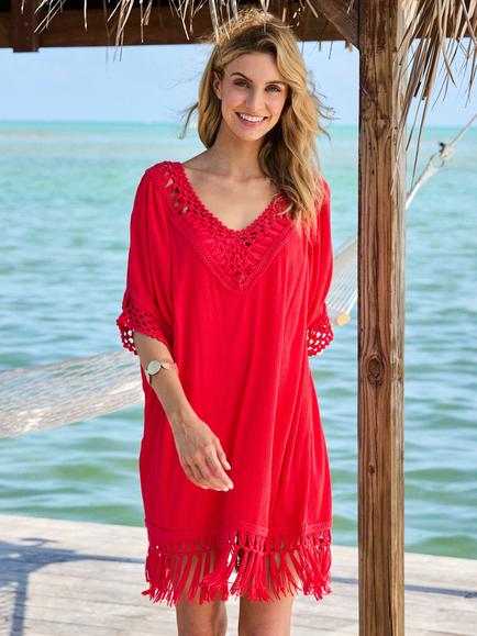 Sosandar Macrame Fringe Detail Kaftan, Coral, Coral