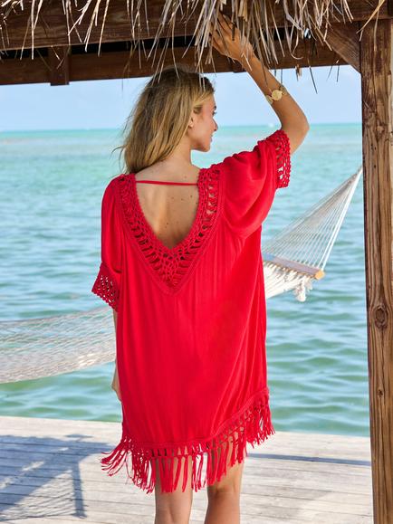 Sosandar Macrame Fringe Detail Kaftan, Coral - view 2, Coral
