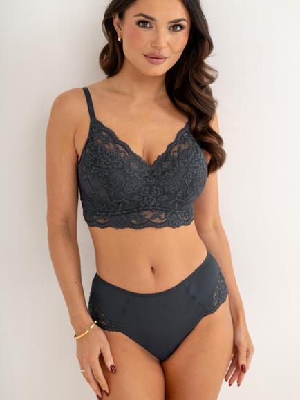 Pour Moi Love To Lounge Lace and Modal Rib Midi Knickers, Slate, Slate