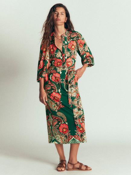 Boden Eli Seamed Floral Midi Dress containing TENCEL™ Modal, Hunter Green, Hunter Green