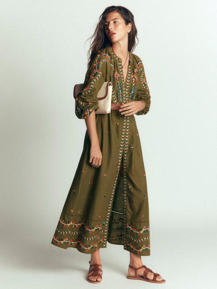 Boden Embroidered Linen Blend Floral Shirt Dress, Green/Multi, Green/Multi