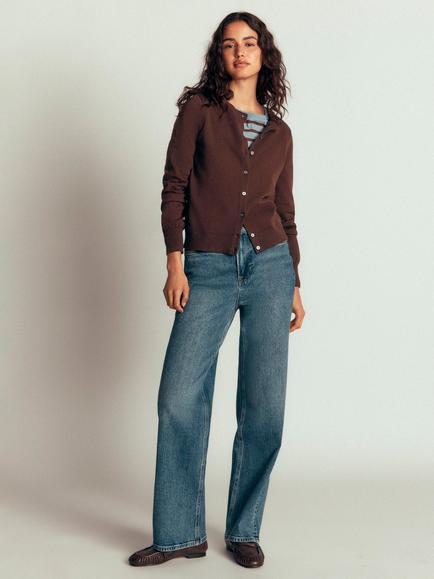Boden Camilla Cotton Crew Neck Cardigan, Bitter Chocolate