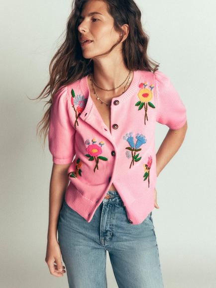 Boden Cotton Embroidered Puff Sleeve Cardigan, Pink, Pink