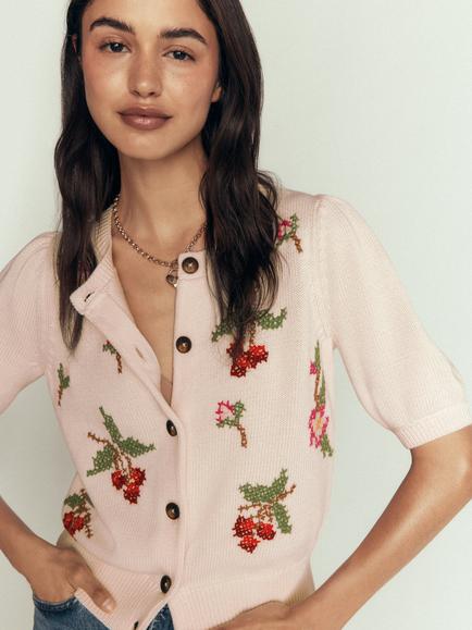 Boden Embroidered Flowers Short Puff Sleeve Cardigan, Ivory - view 2, Ivory