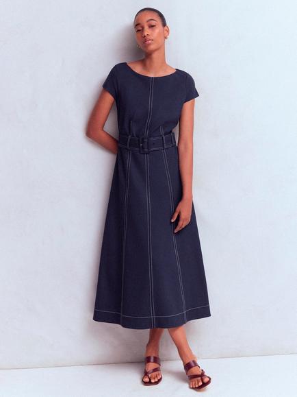 Boden Annet Belted Midi Dress containing LENZING™ ECOVERO™ Viscose, Navy, Navy