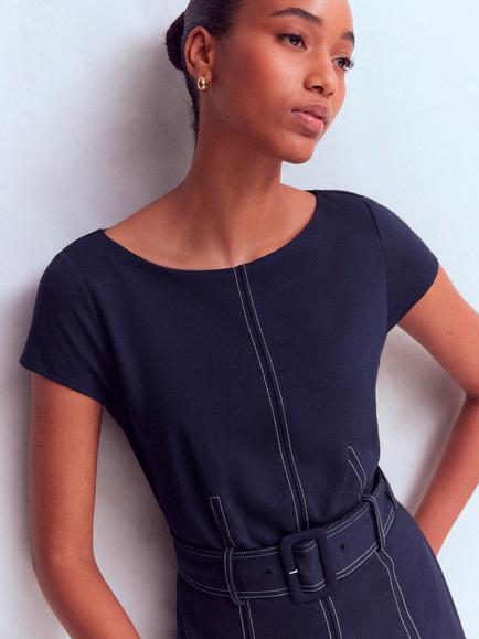 Boden Annet Belted Midi Dress containing LENZING™ ECOVERO™ Viscose, Navy - view 2, Navy
