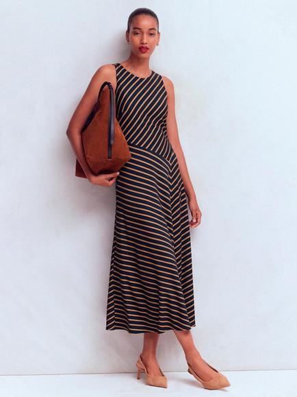 Boden Asymetric Ponte Sleeveless Midi Dress containing LENZING™ ECOVERO™ Viscose, Navy/Camel, Navy/Camel