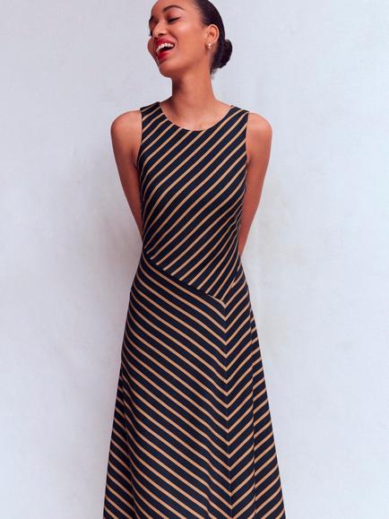 Boden Asymetric Ponte Sleeveless Midi Dress containing LENZING™ ECOVERO™ Viscose, Navy/Camel - view 2, Navy/Camel