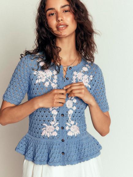 Boden Cotton Embroidered Pointelle Cardigan, Blue, Blue