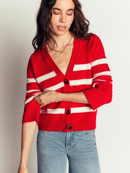 Boden Lucy Cotton Relaxed Cardigan, Red/Ivory, Red/Ivory
