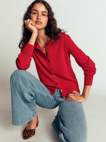 Boden Camilla Cotton Crew Neck Cardigan, Crimson Red