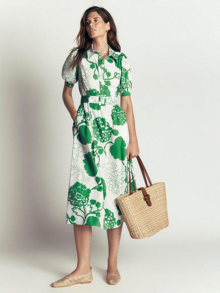 Boden Cotton Floral Print Belted Midi Dress, Ivory/Green, Ivory/Green