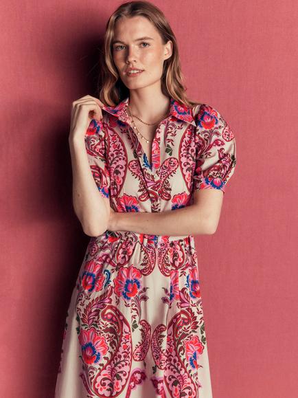 Boden Cotton Floral Print Belted Midi Dress, Multi - view 2, Multi