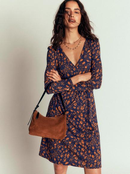 Boden Briony Jersey Floral Print Knee Length Dress containing TENCEL™ Modal, French Navy/Multi, French Navy/Multi