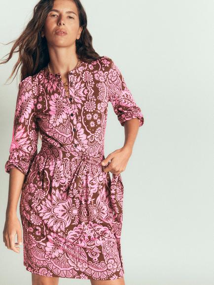 Boden Adele Cotton Blend Paisley Print Belted Knee Length Dress containing TENCEL™ Modal, Raw Umber, Raw Umber