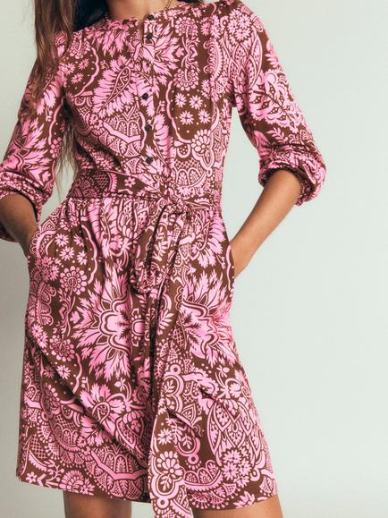 Boden Adele Cotton Blend Paisley Print Belted Knee Length Dress containing TENCEL™ Modal, Raw Umber - view 2, Raw Umber