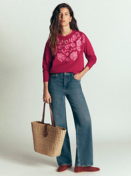 Boden Emi Cotton Embroidered Sweatshirt, Dark Pink, Dark Pink