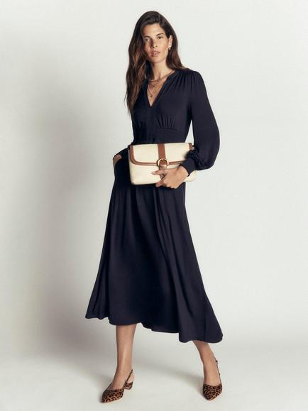Boden Georgina Empire Line Midi Dress containing LENZING™ ECOVERO™ Viscose, Navy, Navy
