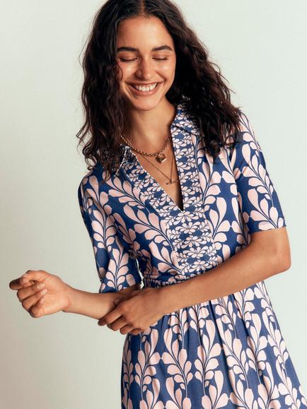 Boden Heidi Short Sleeve Midi Tea Dress containing LENZING™ ECOVERO™ Viscose, Denim Blue/Pink - view 2, Denim Blue/Pink