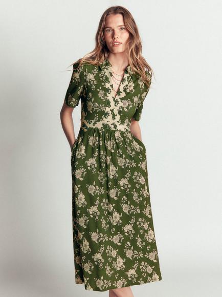 Boden Heidi Short Sleeve Midi Tea Dress containing LENZING™ ECOVERO™ Viscose, Chive/Cream, Chive/Cream