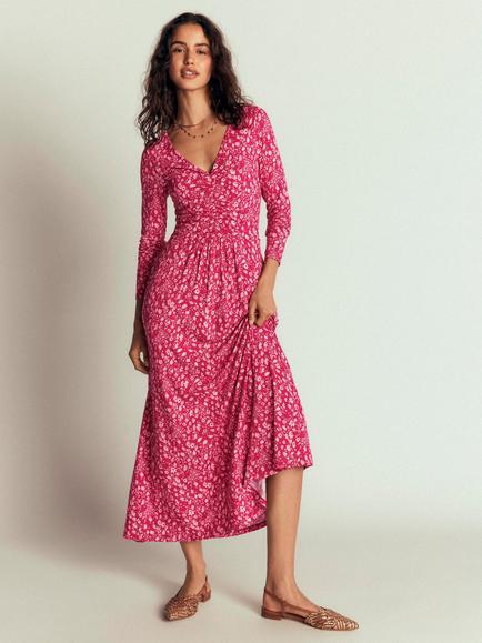 Boden Jasmine Ruched Floral V-Neck Dress, Sweet Cherry, Sweet Cherry