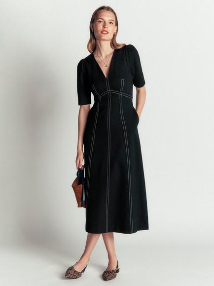 Boden Puff Sleeve A-Line Midi Dress containing LENZING™ ECOVERO™ Viscose, Black, Black