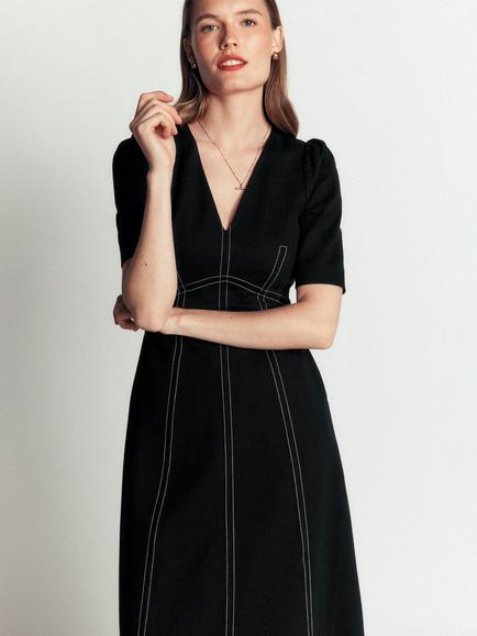 Boden Puff Sleeve A-Line Midi Dress containing LENZING™ ECOVERO™ Viscose, Black - view 2, Black