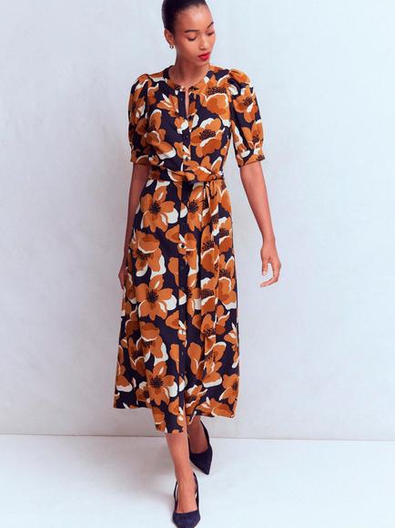 Boden Puff Sleeve Floral A-Line Midi Dress containing LENZING™ ECOVERO™ Viscose, French Navy, French Navy