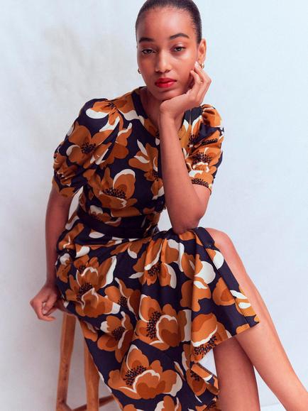 Boden Puff Sleeve Floral A-Line Midi Dress containing LENZING™ ECOVERO™ Viscose, French Navy - view 2, French Navy