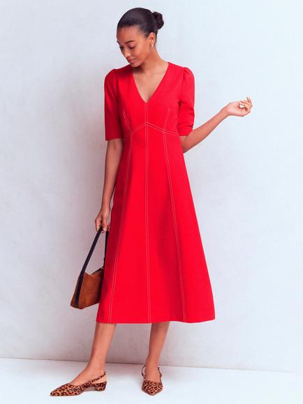 Boden Puff Sleeve A-Line Midi Dress containing LENZING™ ECOVERO™ Viscose, Merida Red, Merida Red