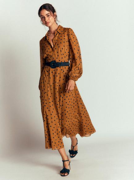 Boden Sheer Yoke Polka Dot Midi Shirt Dress containing LENZING™ ECOVERO™ Viscose, Brown/Navy, Brown/Navy
