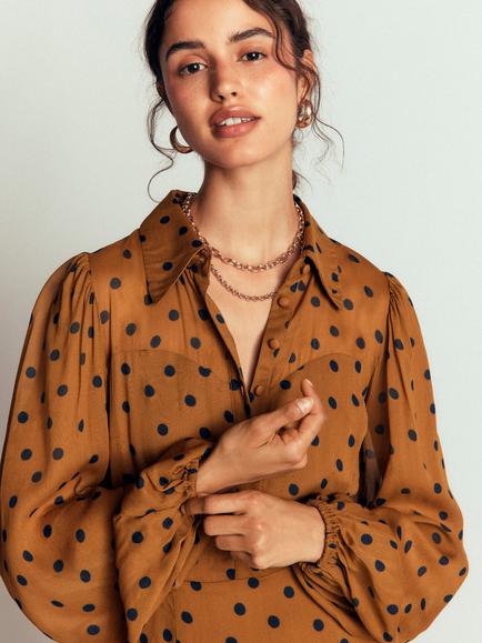 Boden Sheer Yoke Polka Dot Midi Shirt Dress containing LENZING™ ECOVERO™ Viscose, Brown/Navy - view 2, Brown/Navy