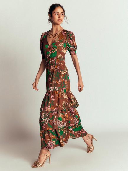 Boden V-Neck Floral Tiered Maxi Dress containing LENZING™ ECOVERO™ Viscose, Brown, Brown