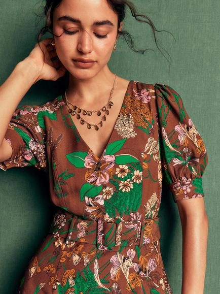 Boden V-Neck Floral Tiered Maxi Dress containing LENZING™ ECOVERO™ Viscose, Brown - view 2, Brown