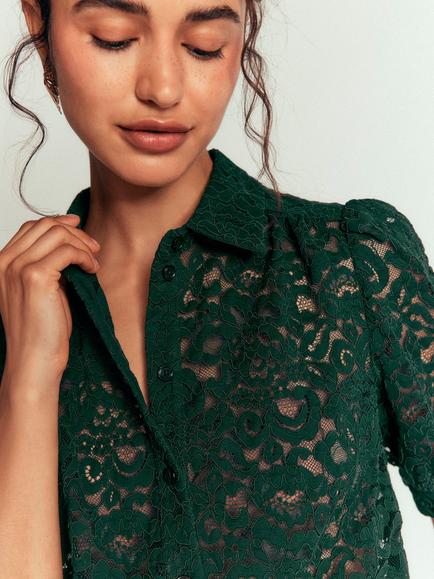Boden Penelope Lace Puff Sleeve Top, Dark Green - view 2, Dark Green