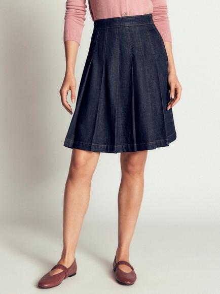 Boden Aya Demin Pleated Knee Length Skirt, Indigo