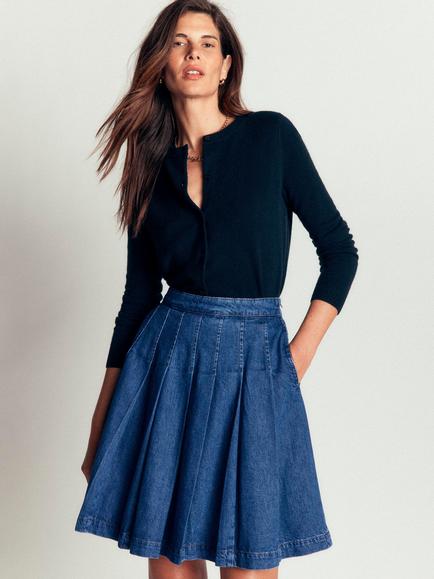 Boden Aya Demin Pleated Knee Length Skirt, Mid Vintage
