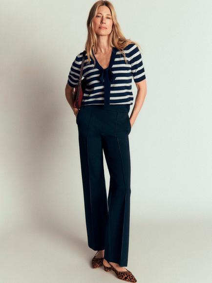 Boden Bow Neck Striped Wool Blend Short Sleeve Jumper, Navy/Ivory