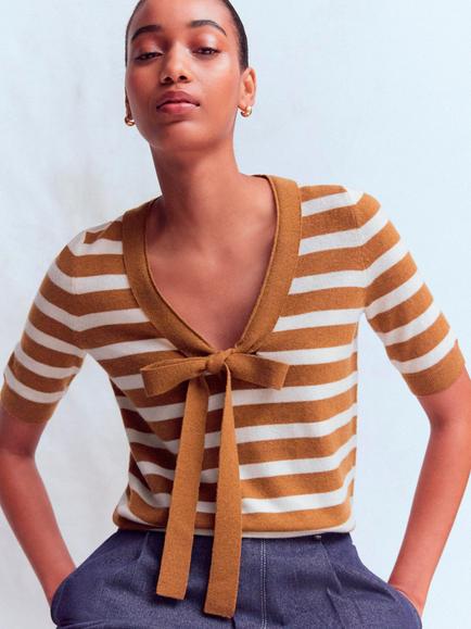 Boden Bow Neck Striped Wool Blend Short Sleeve Jumper, Rubber/Ivory