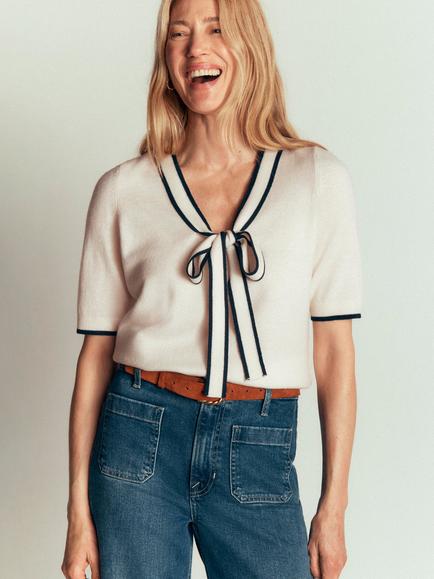 Boden Nautical Wool Rich Bow Neck Short Sleeve Top, Ivory, Ivory