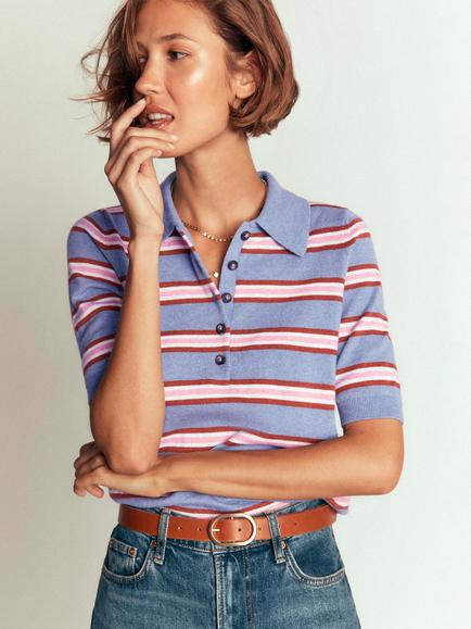 Boden Cotton Blend Short Sleeve Collared Polo Top, Blue Aura/Multi, Blue Aura/Multi