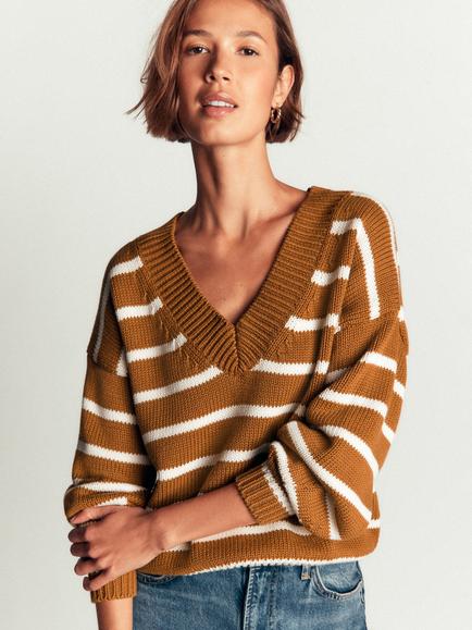 Boden Lucy Striped V-Neck Jumper, Gingerbread/Ivory, Gingerbread/Ivory