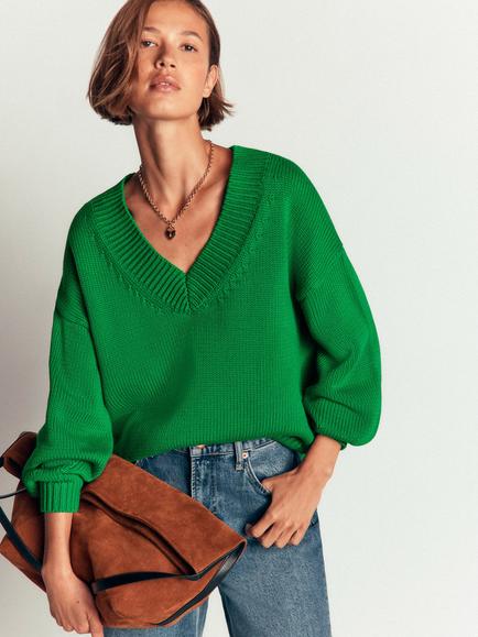 Boden Lucy Cotton V-Neck Jumper, Highland Green