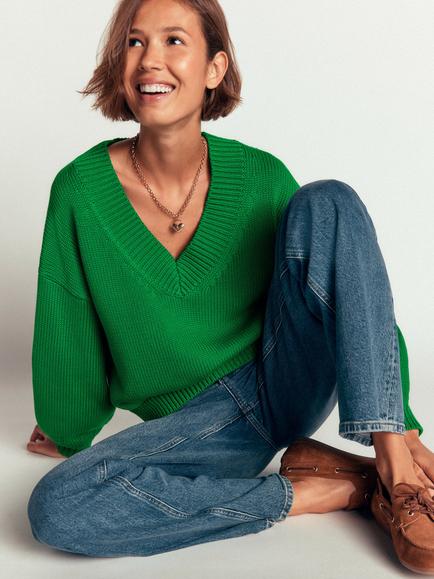 Boden Lucy Cotton V-Neck Jumper - view 2, Highland Green
