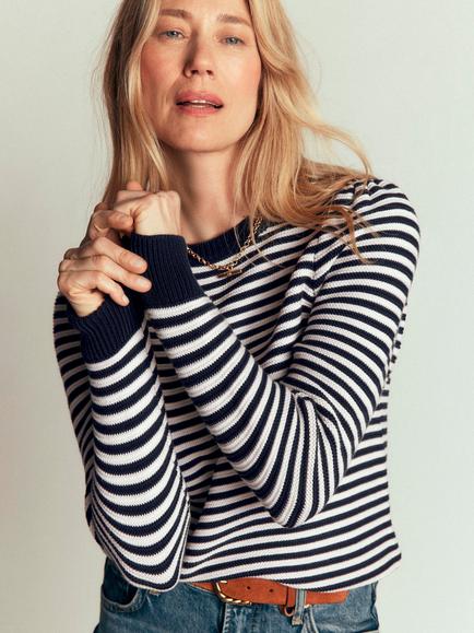 Boden Lena Cotton Stripe Crew Neck Jumper, Navy/Ivory - view 2, Navy/Ivory