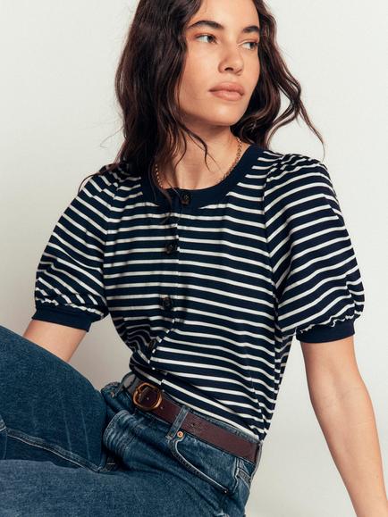 Boden Cotton Button Through Short Sleeve Top, Navy/Ivory